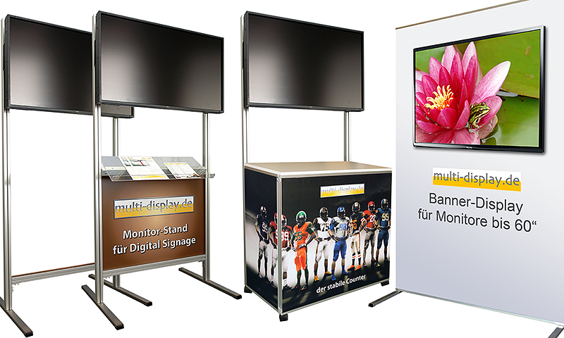 Monitor-Ständer mit Werbebanner, Prospektablagen oder Monitor am Messecounter